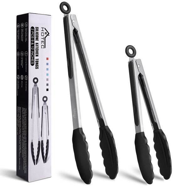 Hotec Tongs, Kitchen Tongs, Silicone, Cooking Tongs, Cookware, Tongs, Barbecues, Yakinik, Heat Resistant, Antibacterial, Includes Stand, Convenient Locking Storage, Set of 2 (Black)