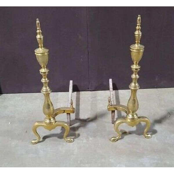 Antique AAB Brass Fireplace Andirons Williamsburg Style Steeple Head