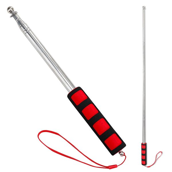 MSKS 1Pc Telescopic Flag Pole Extensible Stainless Steel with Sponge Handle, Handheld Flag Pole with 1 Piece Handle Lanyard for Storage, Carrying, Hanging (Red)