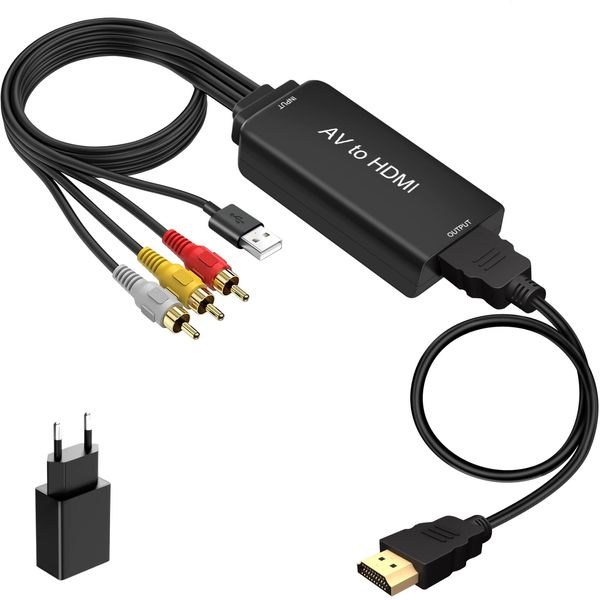 Ozvavzk AV auf HDMI Konverter, 1080P Composite CVBS AV zu HDMI Video Audio Konverter Wii HDMI Adapter mit HDMI-Kabel für PS2 Box SNES N64 VHS VCR Videorecorder DVD, Unterstützt PAL/NTSC