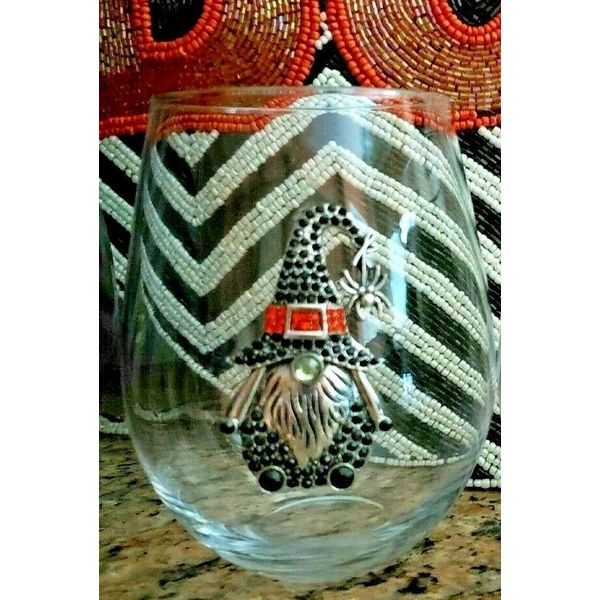 HALLOWEEN Halloween GNOME Witch Wizard Rhinestone Stemless Wine Glass