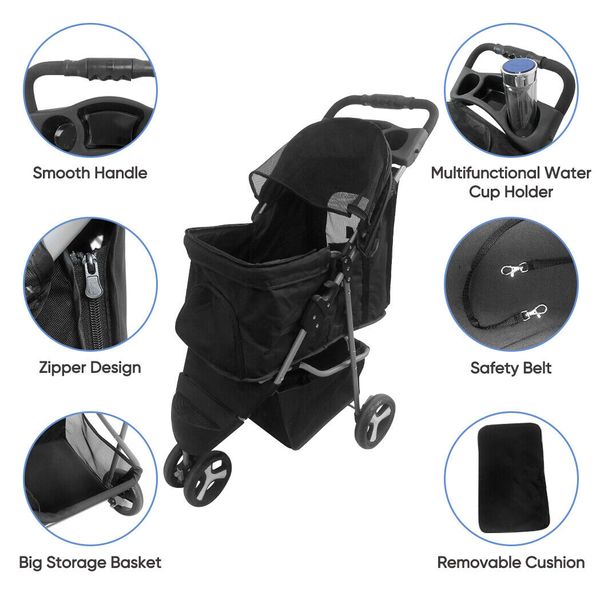 ZENY Lightweight 3-Wheels Pet Stroller Foldable Dogs Cats Carts W/Cup Holder