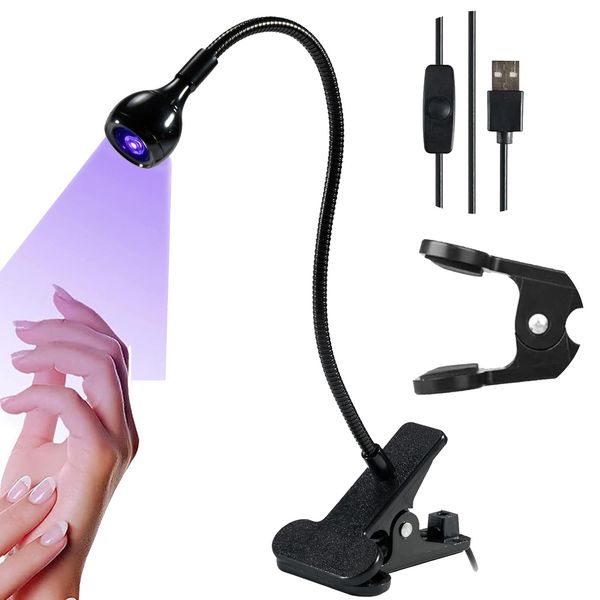 UV Lamp for Gel Nails 5 W, UV Nail Lamp, Gooseneck LED Nail Lamp with 4 Adjustable Intensities for Curing Nail Polish, Mini UV Lamp for Nails with Safety Clip, Black