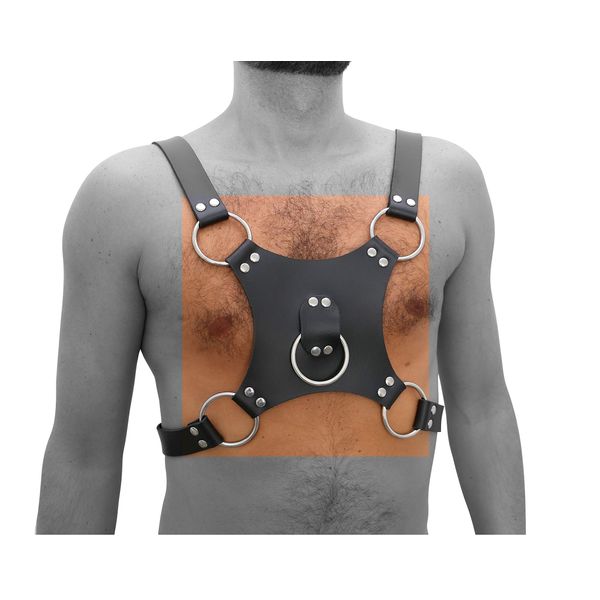 Men's Chest Harness Real Leather Black with Ring Plate SM