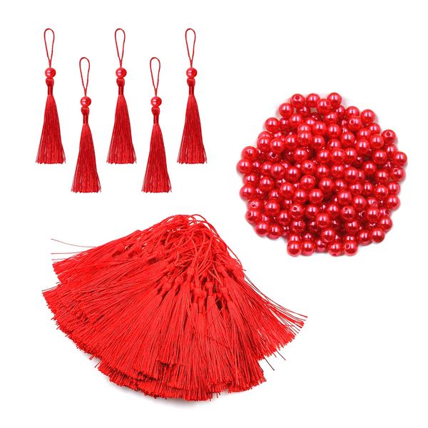 100 Pieces Tassels Bookmarks with 20 Beads 13cm Tassel Decoration, Soft Silk Thread Handmade DIY Craft Accessories for Bookmarks, Keychains (Red)