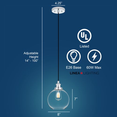 Linea di Liara Primo Large Chrome Glass Globe Pendant Light Fixture Farmhouse Pendant Lighting for Kitchen Island Mid Century Modern Ceiling Light Clear Glass Shade, UL Listed