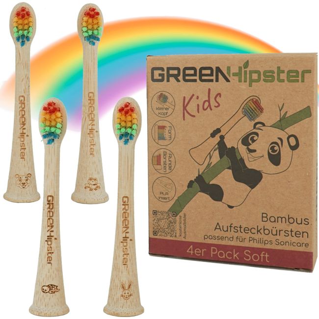 GREENHipster 4er Aufsteckbürsten Kids aus nachhaltigem Bambus | Bürstenköpfe passend für Philips Sonicare Schallzahnbürsten | 100% BPA frei | Ersatzbürsten Kinder (Regenbogen - weich - kleiner Kopf)