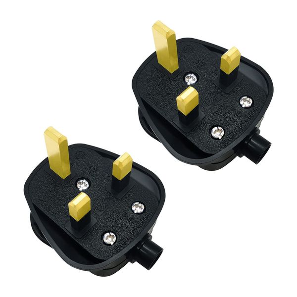 3 Pin UK Plug 13A Fused 250V Mains Plugs with Cord Grip Rewireable Black Plug (Pack of 2)