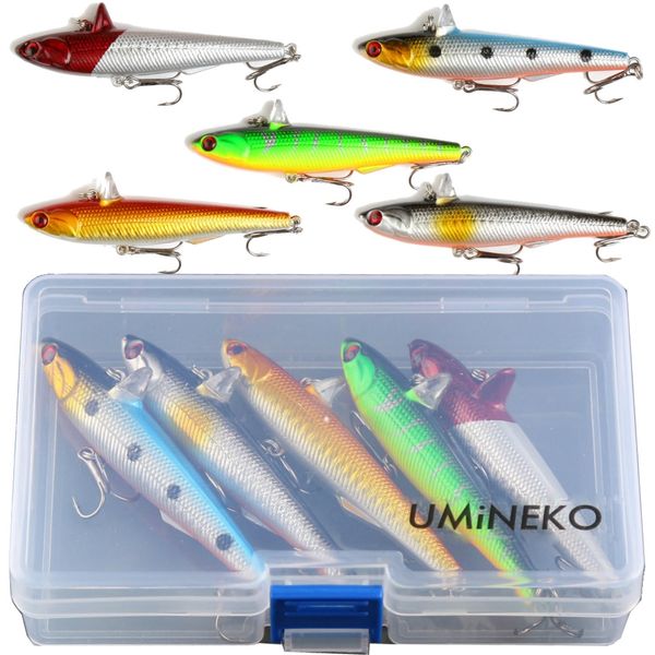 Umineko Deep Bay Sea Bass Rolling Action Sinking Jig Bait Minnow Set of 5 [3.4 inches (88 mm) 0.5 oz (14.5 g)] Fishing Lure Set with Case