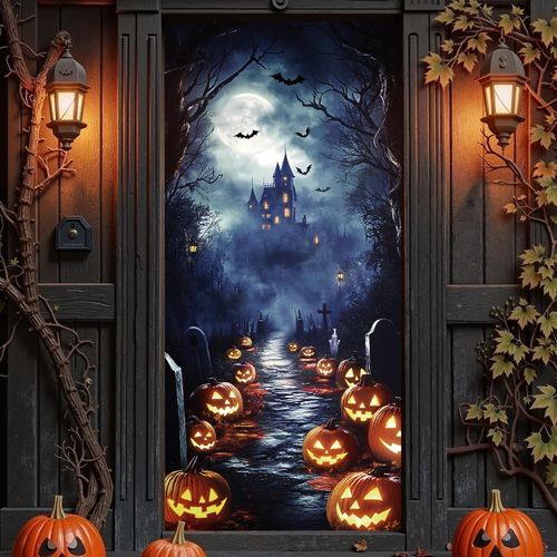 Halloween Decorations Door Cover, Large Scary Pumpkin Bats Castle Halloween Door Banner Bathroom Porch Door Backdrop Decor for Parties, Indoor Outdoor Haunted House Themed Decoration, 35x78 Inch