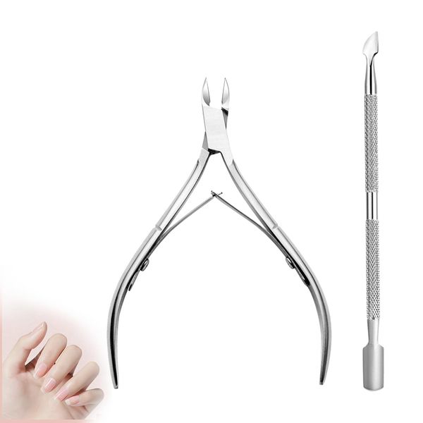 Cuticle Nipper and Double End Cuticle Pusher Tool Stainless Steel Nail Cuticle Remover Cuticle Trimmer Non-Slip Durable Dead Skin Clipper for Fingernails and Toenails Care