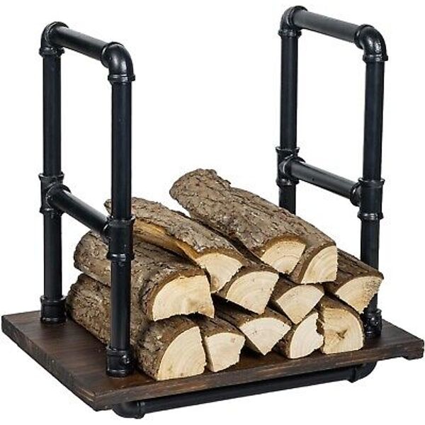 Freestanding Brown Wood and Black Metal Firewood Rack, Fireplace Log Holder