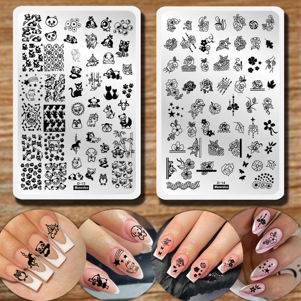 2pcs Flower Animal Unicorn Series Nail Stamping Template Plant Nail Stamping Plate Cute Cat Panda Fox Manicure Nail Art Image Plate Flower Nail Art Print Stencil