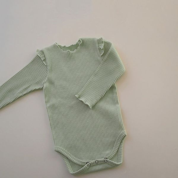 Baby Girl Solid Color Lettuce Trim Design Long Sleeve Bodysuit - 66 (3-6M) / Green