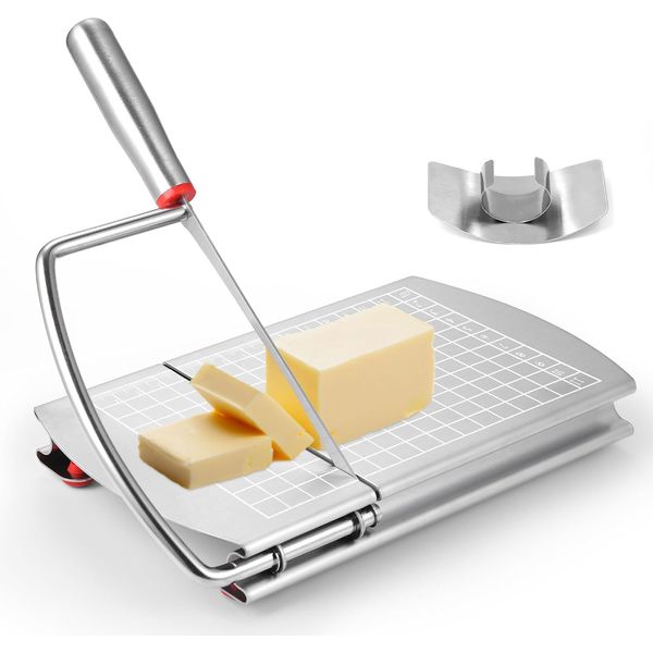 Filhome Cheese Slicer with hand protector, Stainless Steel Cheese Cutter with Blade, Multipurpose Block Cheese Slicer Board with Precise Scale, Server for Cheeses Kitchen Cooking Tool