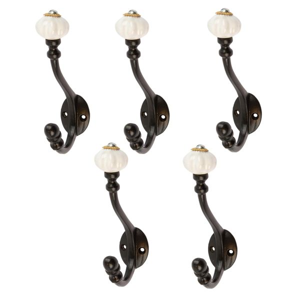 Hammer and Tongs 5X Black 30mm x 140mm Ceramic Flower Hat & Coat Hook - Cast Iron Vintage Antique Wall Mounted Hanger