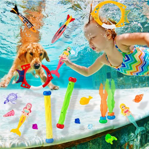 Vinitoy Diving Toys for Swimming Pool, 24 PCS Sinkers for Swimming Kids, Underwater Training Toys Diving Mermaids, Dive Sticks, Torpedo Bandits, Dive Seagrass, Diving Rings with Carrying Bag for Kids