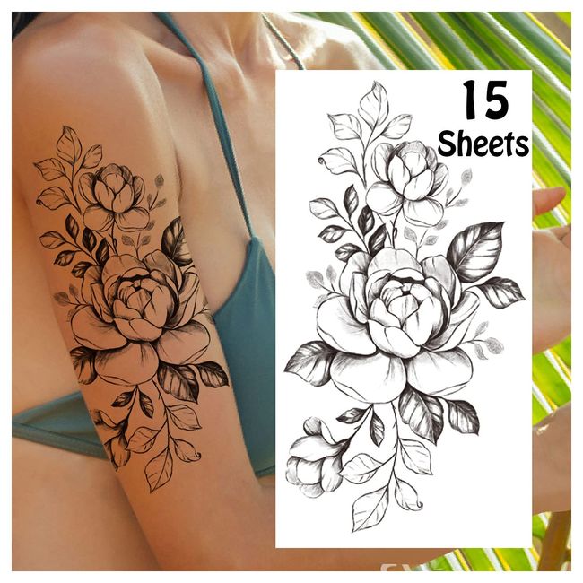 LEADTEAM 15 Blätter Fake Tattoos Erwachsene, Temporäre Tattoos 3D Rose Tattoo Klebe Tattoo Wasserfeste Tattoo Aufkleber Arm Tattoo, Klebetattoos Frauen Tatoos Aufkleben Damen Tattoos zum Aufkleben