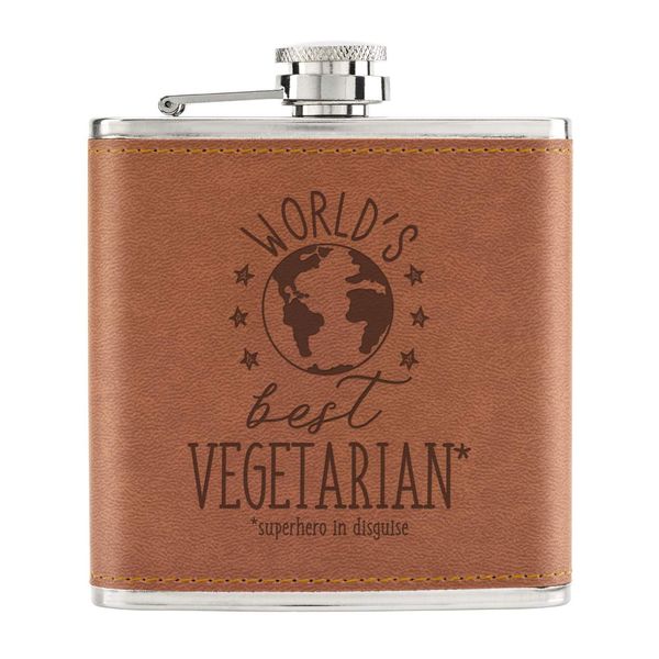 World's Best Vegetarian 6oz PU Leather Hip Flask Tan