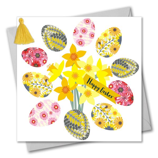 Claire Giles Tassel Embellished Easter Greeting Card, Daffodils and Eggs, Happy Easter