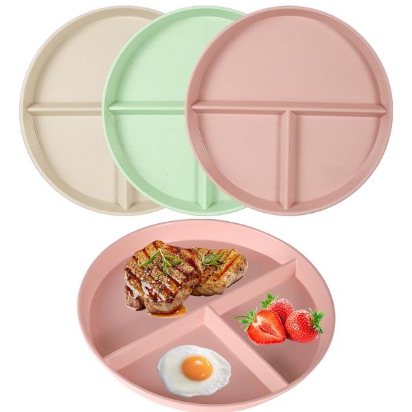 Divided Dinner Plates, 3pcs Portion Control Divided Plates, 8.85" Unbreakable Divided Plates Compartment Plates, Divided Diet Plates Tray Reusable Dishes for Children Kids Adult, Microwave Safe