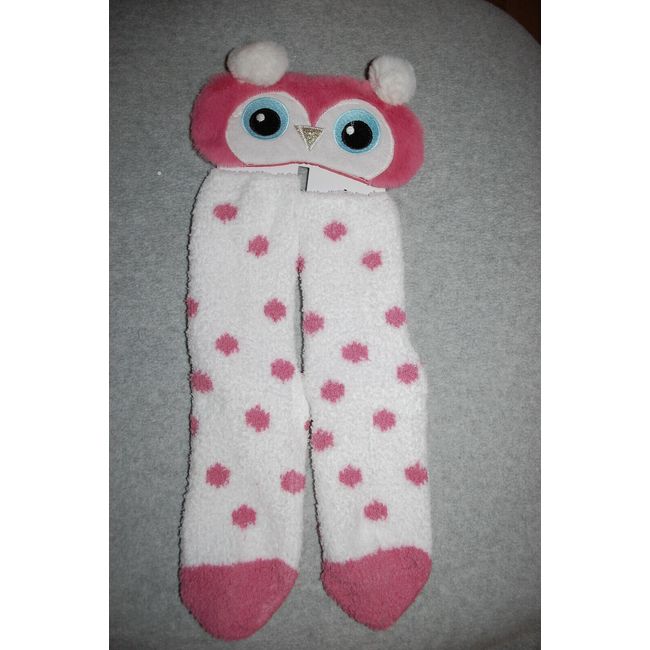 Sleep Eye Mask & Fuzzy Cozy House Socks OWL FACE w/ POM POM EARS Pink White DOTS