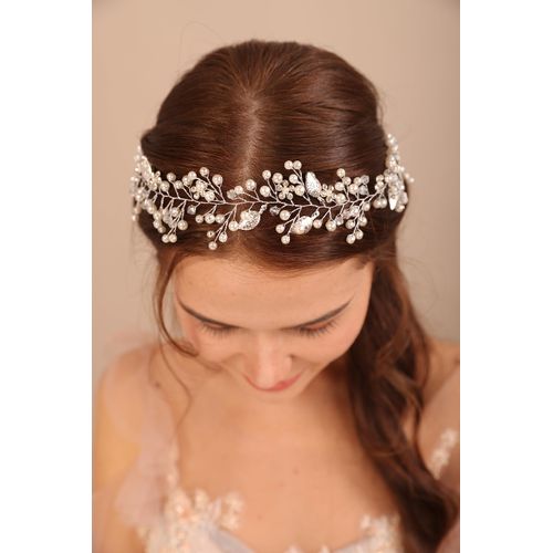 BERYUAN Women Silver Leaf Crystal Flowers Pearls Hair Vine Pearls Crystal Rhinestone Headband Silver Bride Hair Piece Pearls Wedding Hair Accessories for Brides Bridesmaid