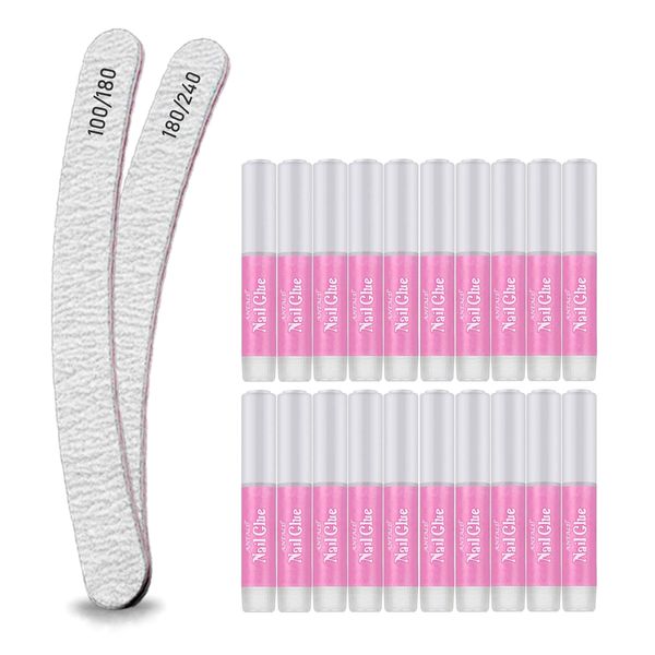 20pcs Nail Glues Extra Strong Quick Dry Adhesive For Natural or False Nails, Art, Tips, Acrylic, Gel, to stick Diamantes Glitter Rhinestones, transparent colour +2 Curved - Banana Nail Files