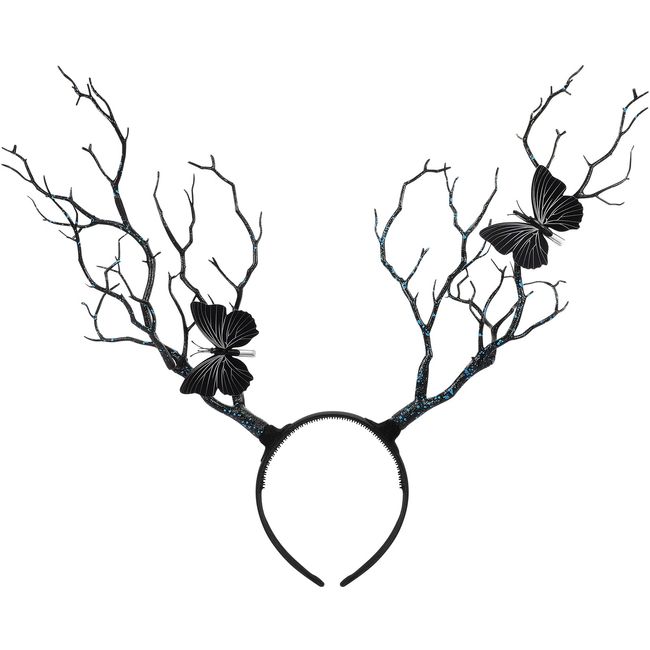 Lurrose Tree Branches Butterfly Headband Christmas Fairy Witch Tree Branches Antlers Headband Halloween Cosplay Prop Vintage Hair Accessories Gothic Headpiece Black