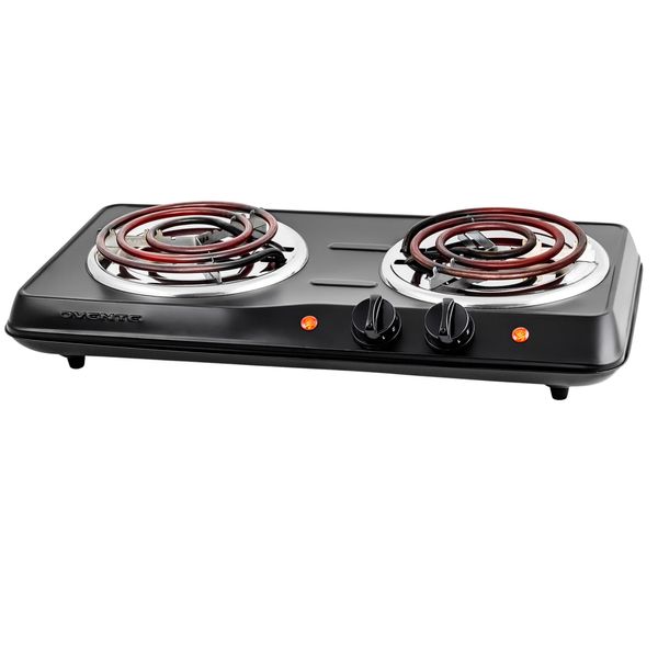 OVENTE Electric Double Coil Burner 6 & 5.75 Inch Hot Plate Cooktop with Temperature Control and Easy to Clean Stainless Steel Base, 1700W Portable Countertop Stove for Home or Dorm, Black BGC102B