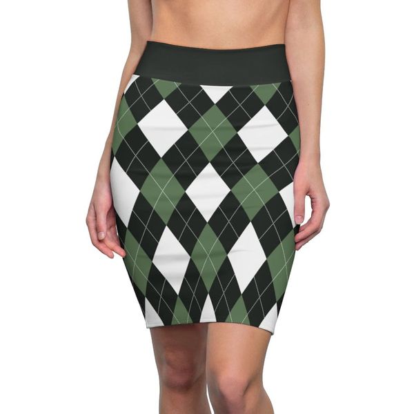 Womens Pencil Skirt, Green and White Argyle Stretch Mini, S510537 - M / 4 oz.