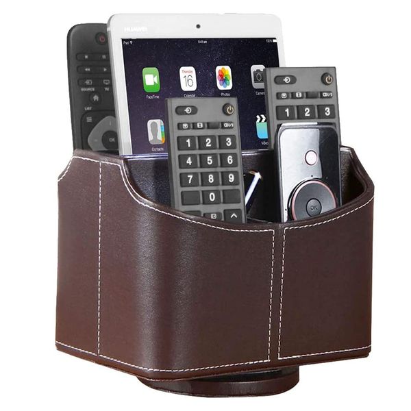 Powerking Fernbedienungshalter, Medienaufbewahrung, Kunstleder, drehbar, TV-Fernbedienung, Organizer für Büro, Schreibtisch, Schlafzimmer, Schreibtisch (braun)