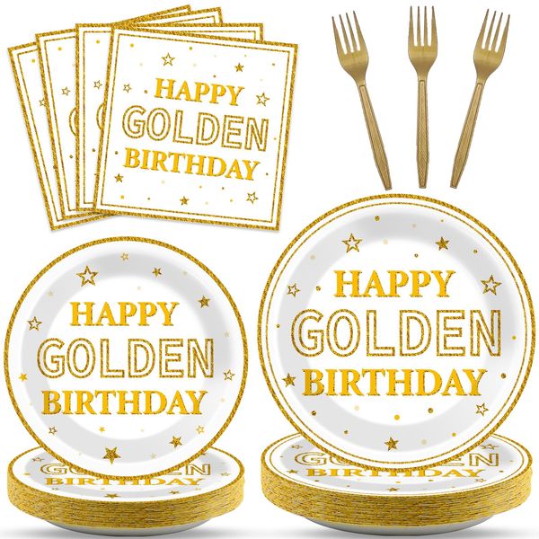 96Pcs Happy Golden Birthday Party Supplies White Gold Birthday Paper Plates Napkins Gold Glitter Birthday Dessert Party Tableware Set Golden Dinnerware for Women Men Birthday Party Decoration Serve 24