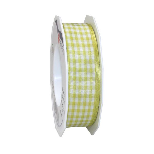 Präsent - Vichy Wired Ribbon Lime-White 25 mm Width, 20 m Length
