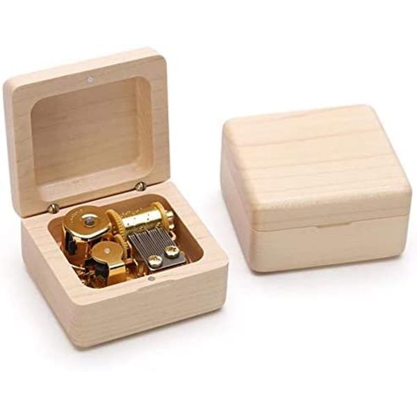 Mini Wooden Music Box 18 Note Wind Up Music Box Wooden Music Box with Gold Plated Movement (Maple, Happy Birthday to You)