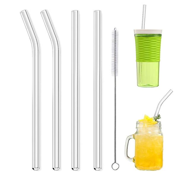 KALOLINNA Glass Straws, Set of 4, Glass Straws, Heat Resistant, Reusable, Safe, Non-Toxic, Environmentally Friendly, with Cleaning Brush