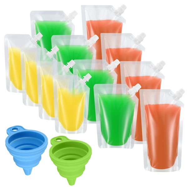 12 Pcs Drinks Pouches for Festivals, Reusable Plastic Drinks Flasks, Liquor Flasks with Spout, Juice Drinking Pouches Bags with 2 Pcs Funnels for Festivals Party Beverage - 250ml/350ml/500ml