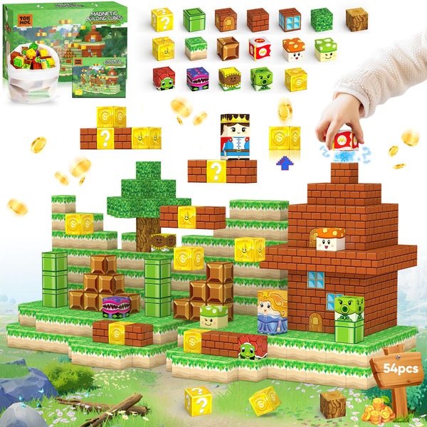 IILLDD Magnetic Blocks Toys, 54PCS Magnetic Building Toys Based on The Game Super Plumber, STEM Magnets Sensory Toys for Kids, Magnetic Building Blocks Suitable for Boys Girls 3+ (Green)