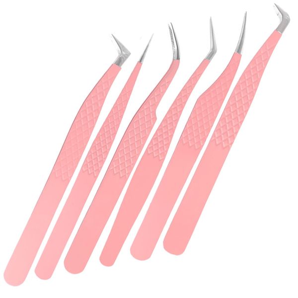 NIYATA Eyelash Extension Tweezers Set of 6, Stainless Steel Eyelash Tweezers for Individual Lashes and Cluster Lashes,Anti-Static Eyelash Extension Tools for Volume and Fan Making(Pink)