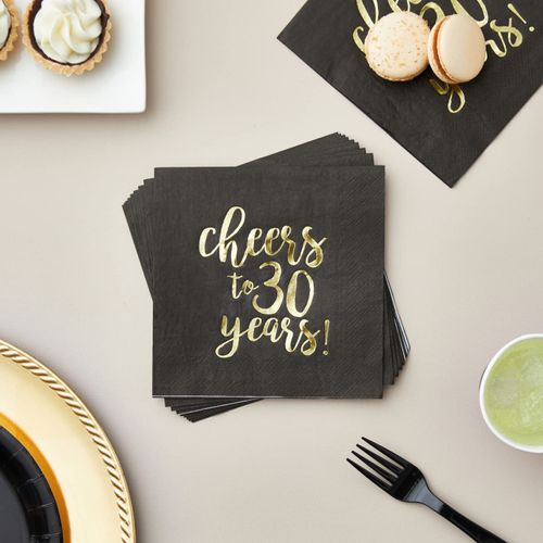 BLUE PANDA 50 Pack Cheers to 30 Years Cocktail Napkins for 30th Birthday, Anniversary Party Supplies, 3-Ply, Black and Gold Foil (5 x 5 Inches)