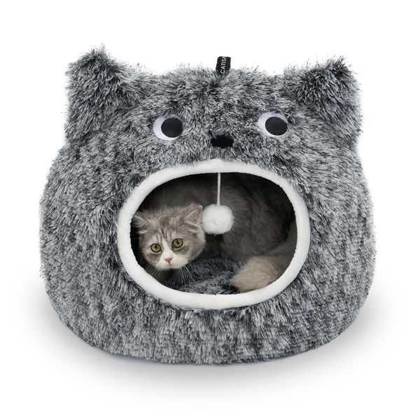 CATISM Cat Bed, Cat Beds for Indoor Cats Washable, Cute Warm Cat Cave, Large Cat & Dog Bed Cave, Cozy Plush Hooded Cat Bed with Soft Cushion, Black (20 * 20 * 16 Inches)