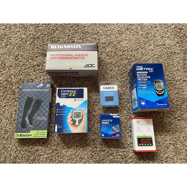 NEW IN BOX MEDICAL HEALTH LOT BLOOD PRESSURE GLUCOSE METERS LANCETS SOCKS NICE