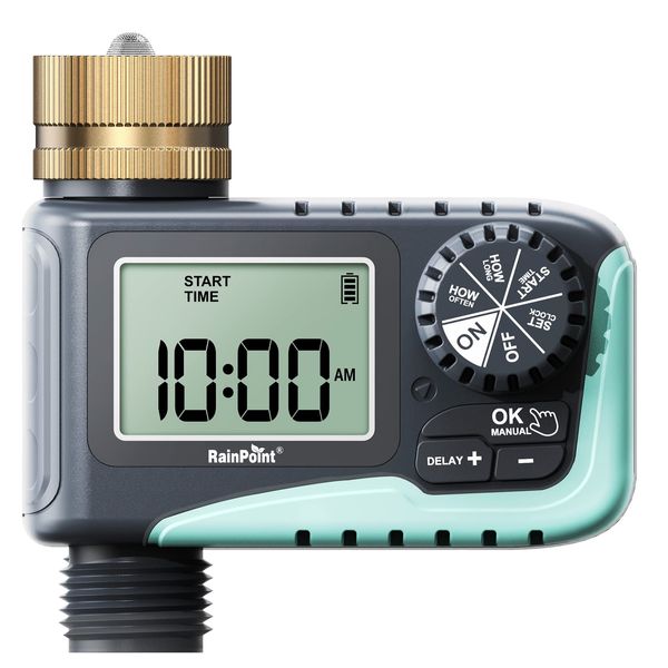 RAINPOINT Sprinkler Timer with Brass Swivel, Water Timer for Garden Hose, Programmable Hose Timer with Rain Delay/Manual Watering, Digital Irrigation Timer System for Lawns, 1 Outlet