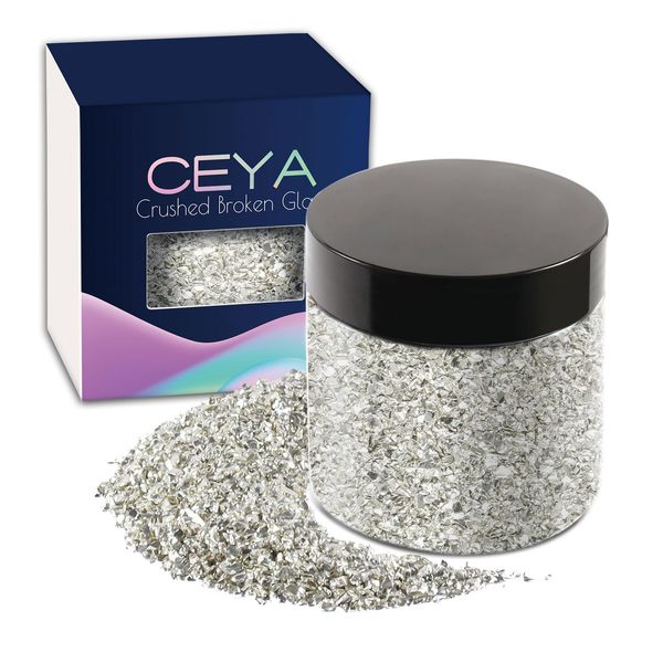 Ceya 10.6oz/ 300g Crushed Irregular Glass Silver Metallic Crystal Chips Broken Glass Glitter 2-4mm Craft Chunky Glitter for Nail Art Epoxy Resin Mold Coaster Ornament Painting Geode Phone Case Jewelry