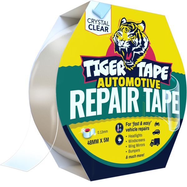 Tiger Tape® Clear Repair Tape. Automotive Waterproof Grade. Repairs Cracked Glass or Plastics on Car Headlights, Windscreens, Wing Mirrors, Car Tents, Phone Screens & More. 48mm x 5m