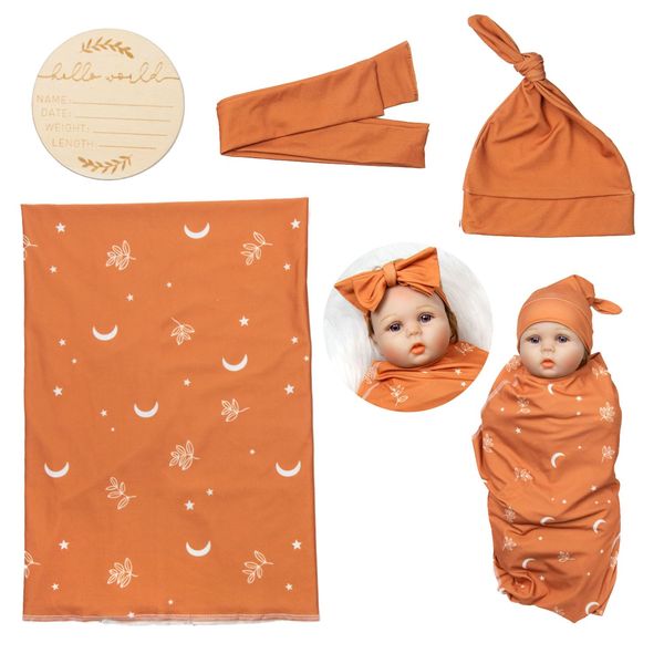 Reborn Baby Dolls Swaddle Blanket 4 Pcs Set with Headband Hat fit 17-22 Inches Dolls Clothes Accessories Moon Simple Design