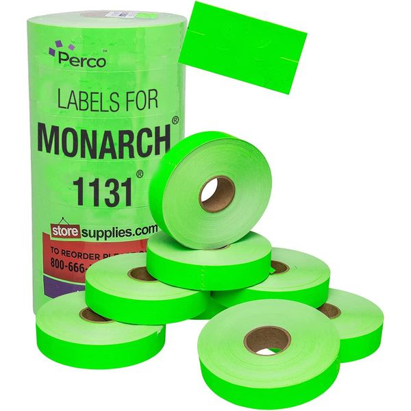 Fluorescent Green Pricing Labels for Monarch 1131 Price Gun - 1 Sleeve, 8 Rolls, 20,000 Price Marking Labels - with Ink Roll Included