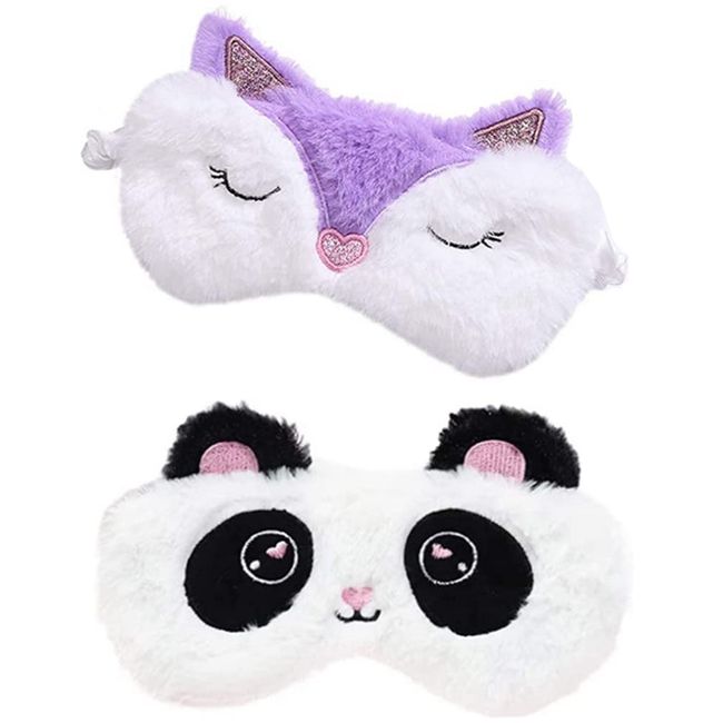 2 Pcs Cute Sleep Mask, Soft Fluffy Plush Blindfold Funny Novelty Animal Sleep Mask Eyeshade for Kids Girls and Adult Night Nap Travel Meditation (Purple Fox &Panda)