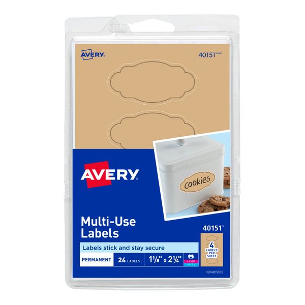 Avery Multi-Use Labels, Kraft Brown Oval Scroll 1-1/8 x 2-1/4, Pack of 24 (40151)