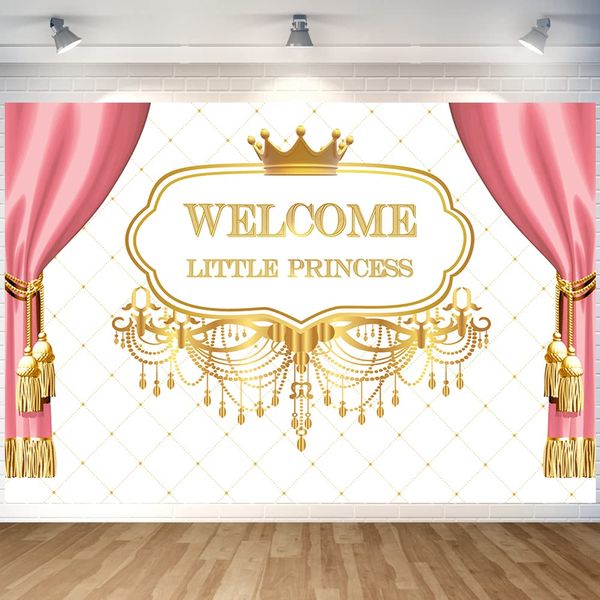 Pink Princess Backdop Baby Shower Backdrop Welcome Little Princess Birthday Party Photography Backdrop Pink Curtain Golden Crown Background Baby Girls Shower Decorations 5x3ft (Pink Princess)